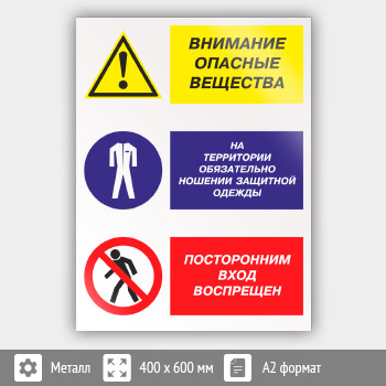Знак «Внимание опасные вещества - на территории обязательно ношение защитной одежды, посторонним вход воспрещен», КЗ-15 (металл, 400х600 мм)